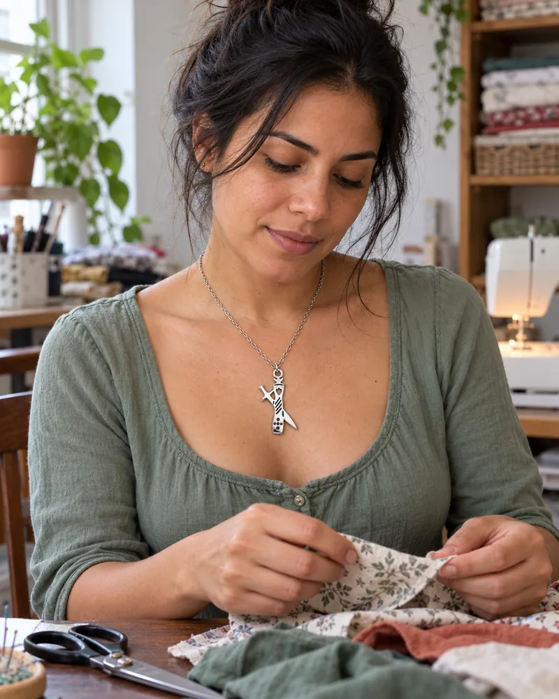Mulher com pingente de costura no ateliê