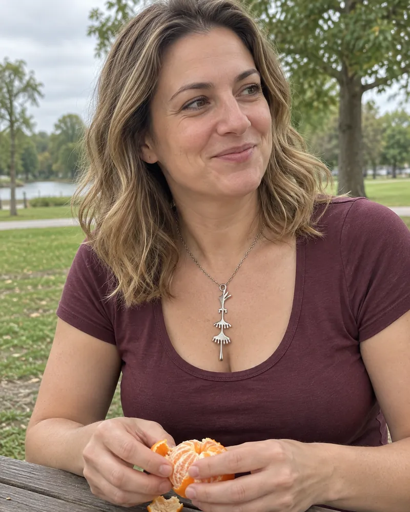 Mulher com pingente de pássaro no parque